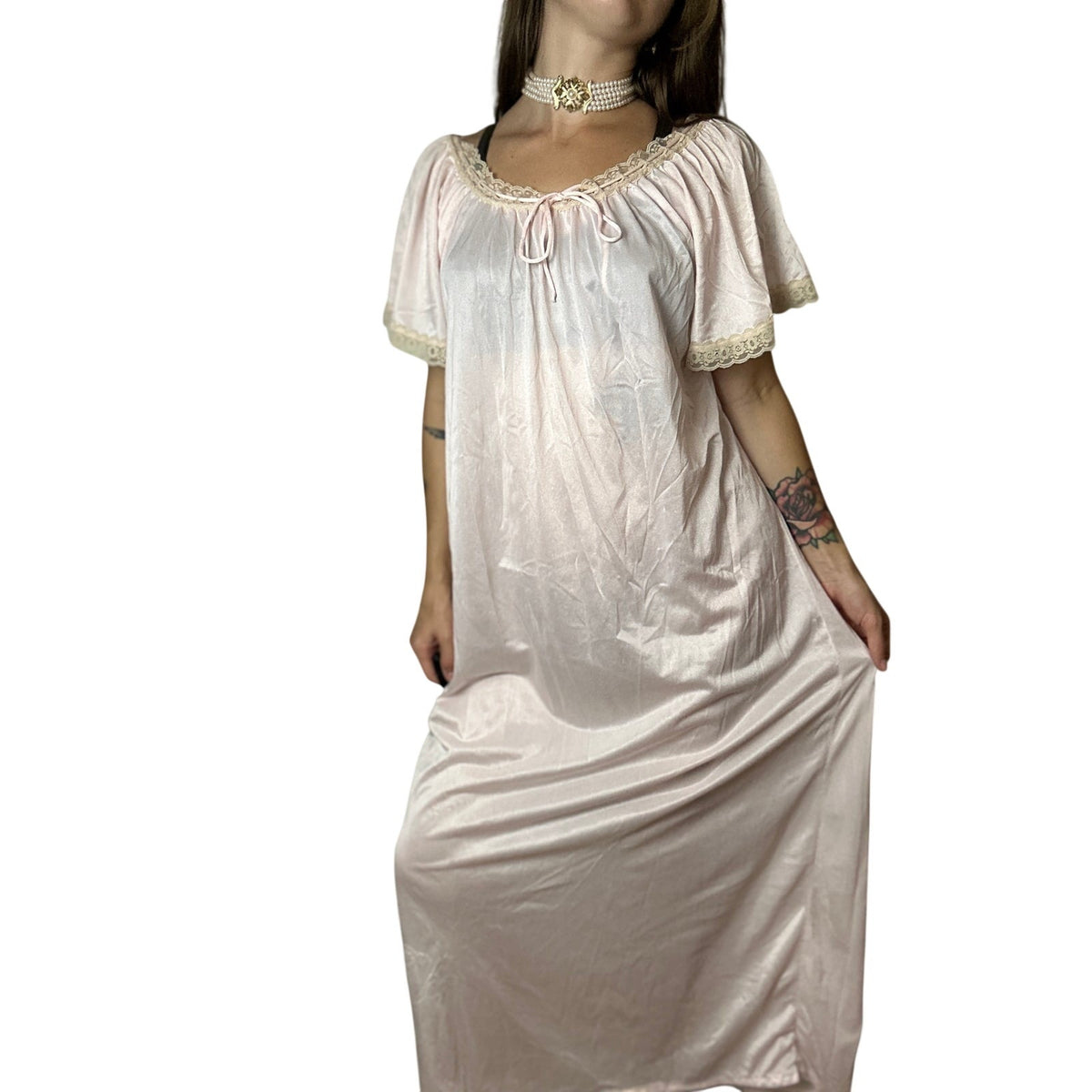 Pink lace nylon nighty 23 inches P2P 50 inch length