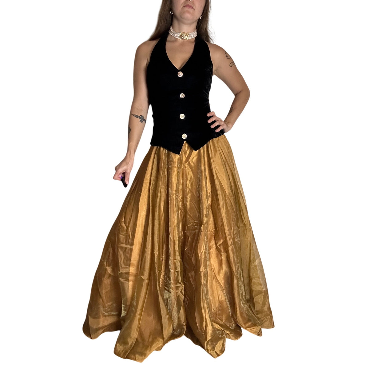✨ Michaelangelo Velvet & Gold Taffeta Gown – Crystal Button Waistcoat Detail