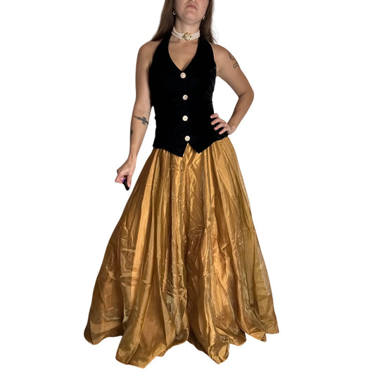 ✨ Michaelangelo Velvet & Gold Taffeta Gown – Crystal Button Waistcoat Detail