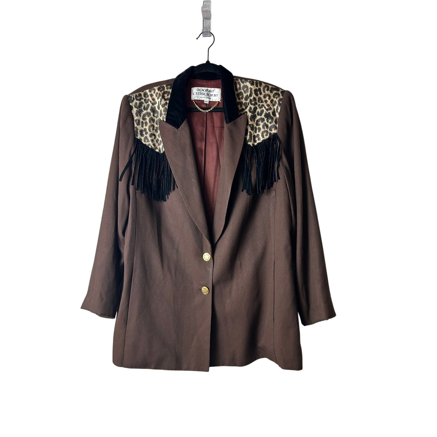 🐆 1980er Joanie Crisione Cheetah-Print Power Blazer mit Western-Fransen 1X