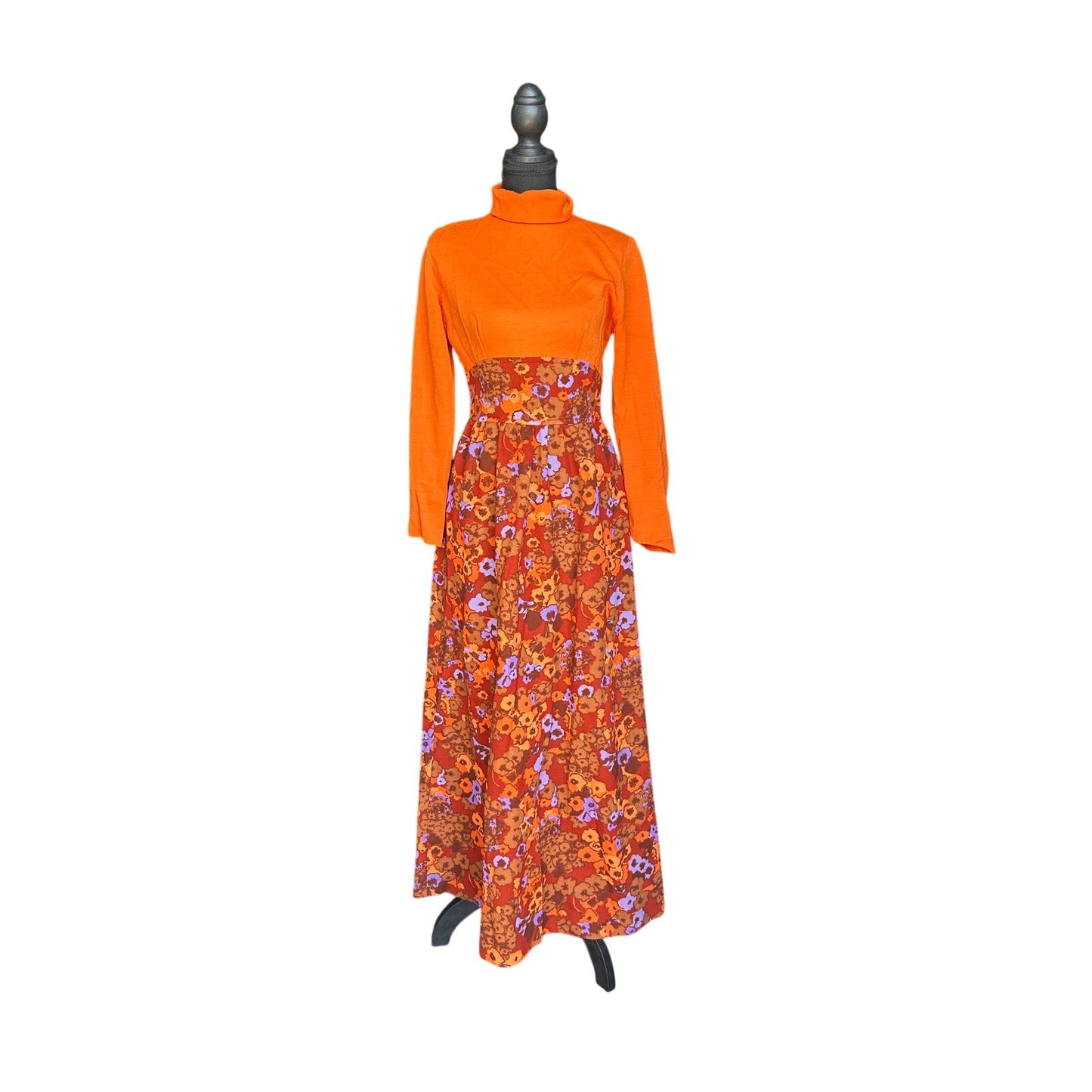 🌼 70s Orange & Purple Floral Mock Neck Maxi Dress