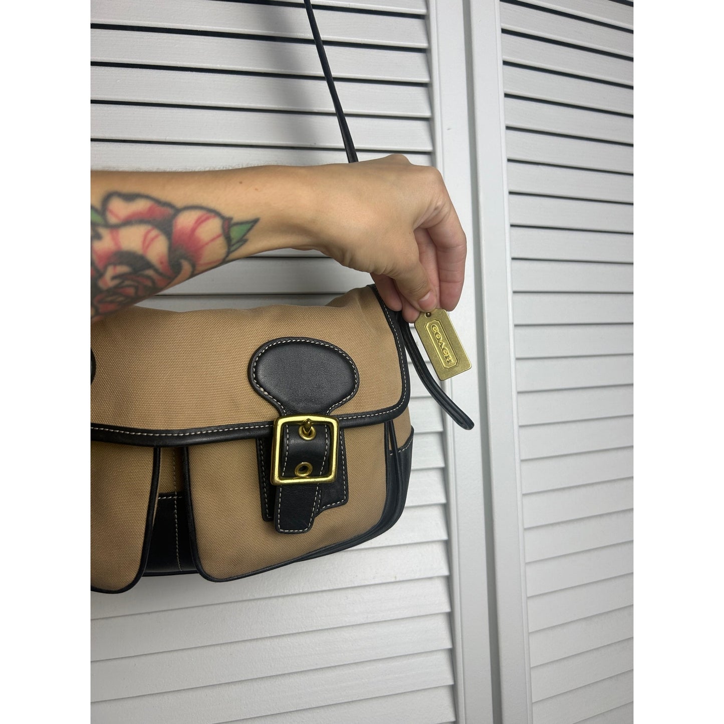 Coach 9121 Tan Canvas & Black Leather Messenger Bag Y2K Crossbody Retro Minimalist