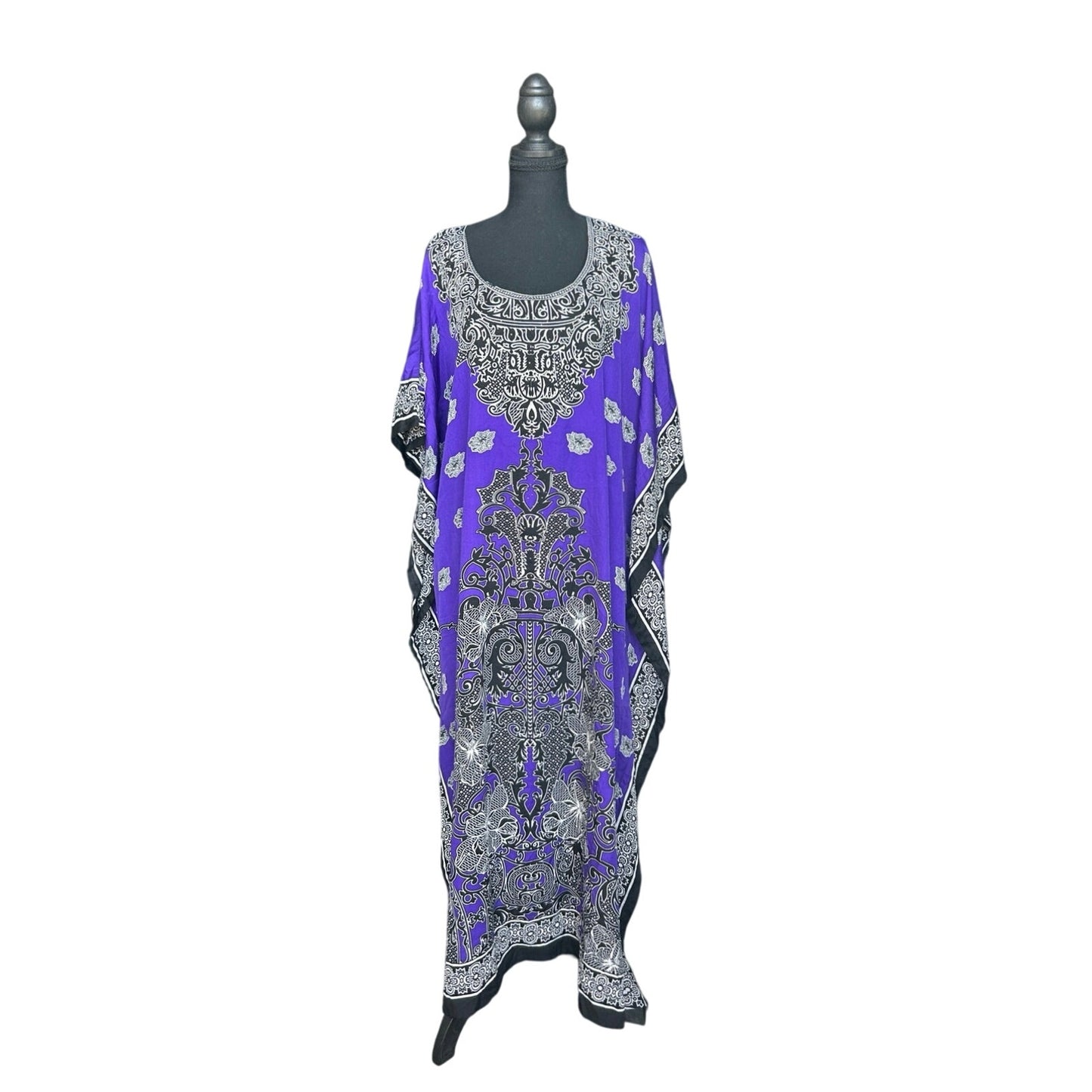 Purple Black & White Boho Kaftan – One Size Vintage Maxi