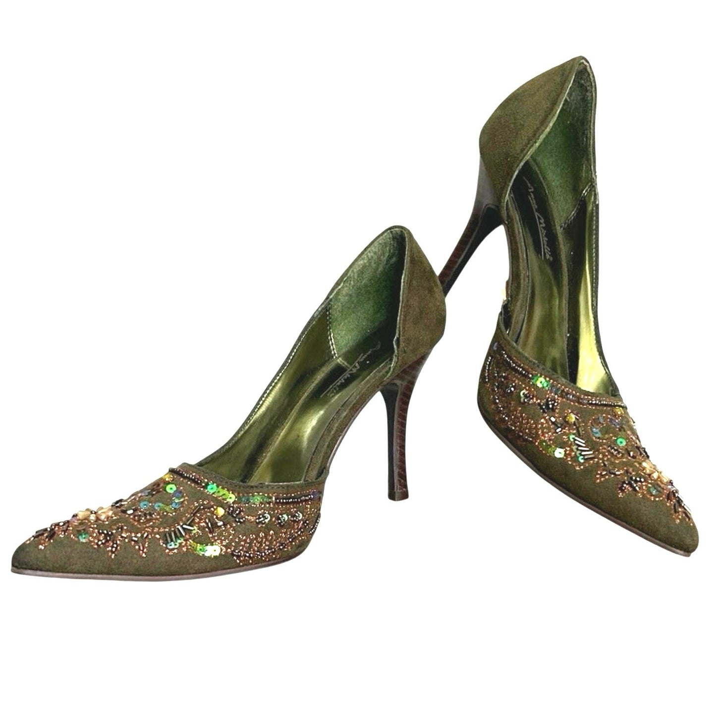Anne Michelle Women's Green D'Orsay Stiletto Heels Pointed Toe Sequin Flower