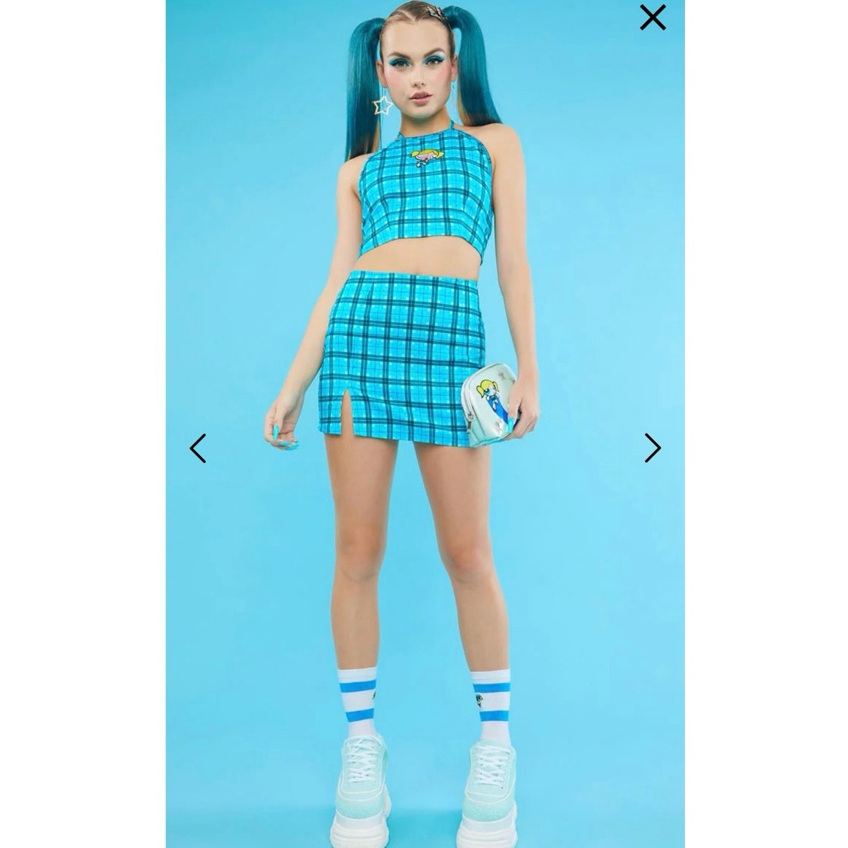 dolls kill bubbles plaid halter and mini skirt set size L