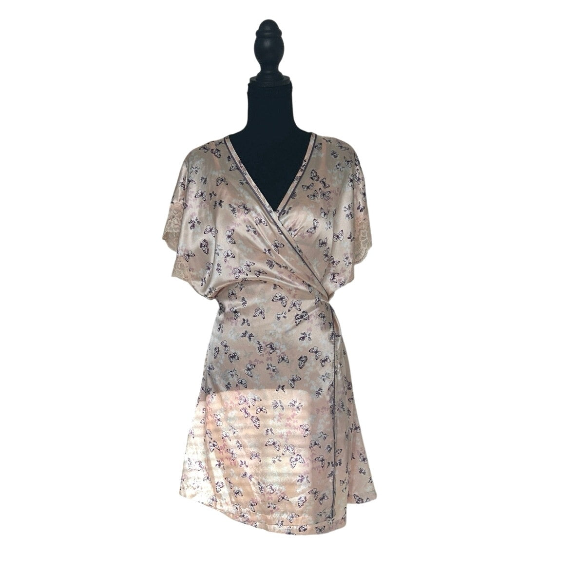 Morgan Taylor Satin Robe + Slip Set 🦋 Pink Butterfly Print Y2K Lingerie