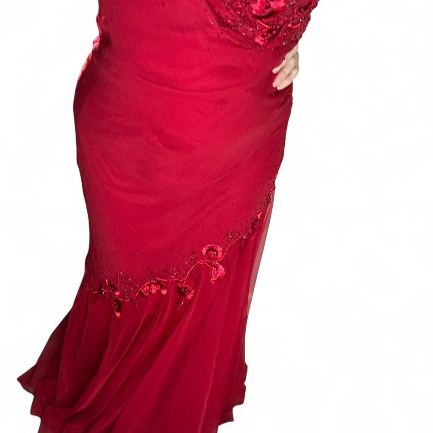 Xscape red silk beaded and embroidered maxi dress