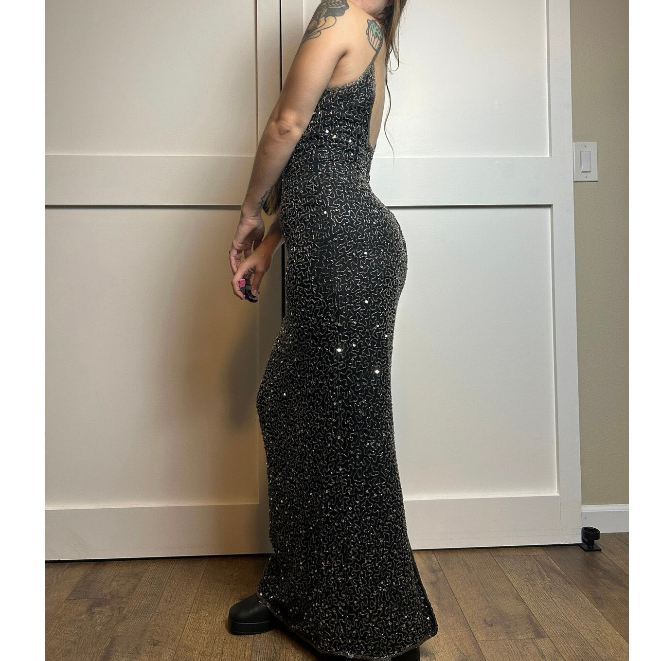 silk beaded low back evening gown
