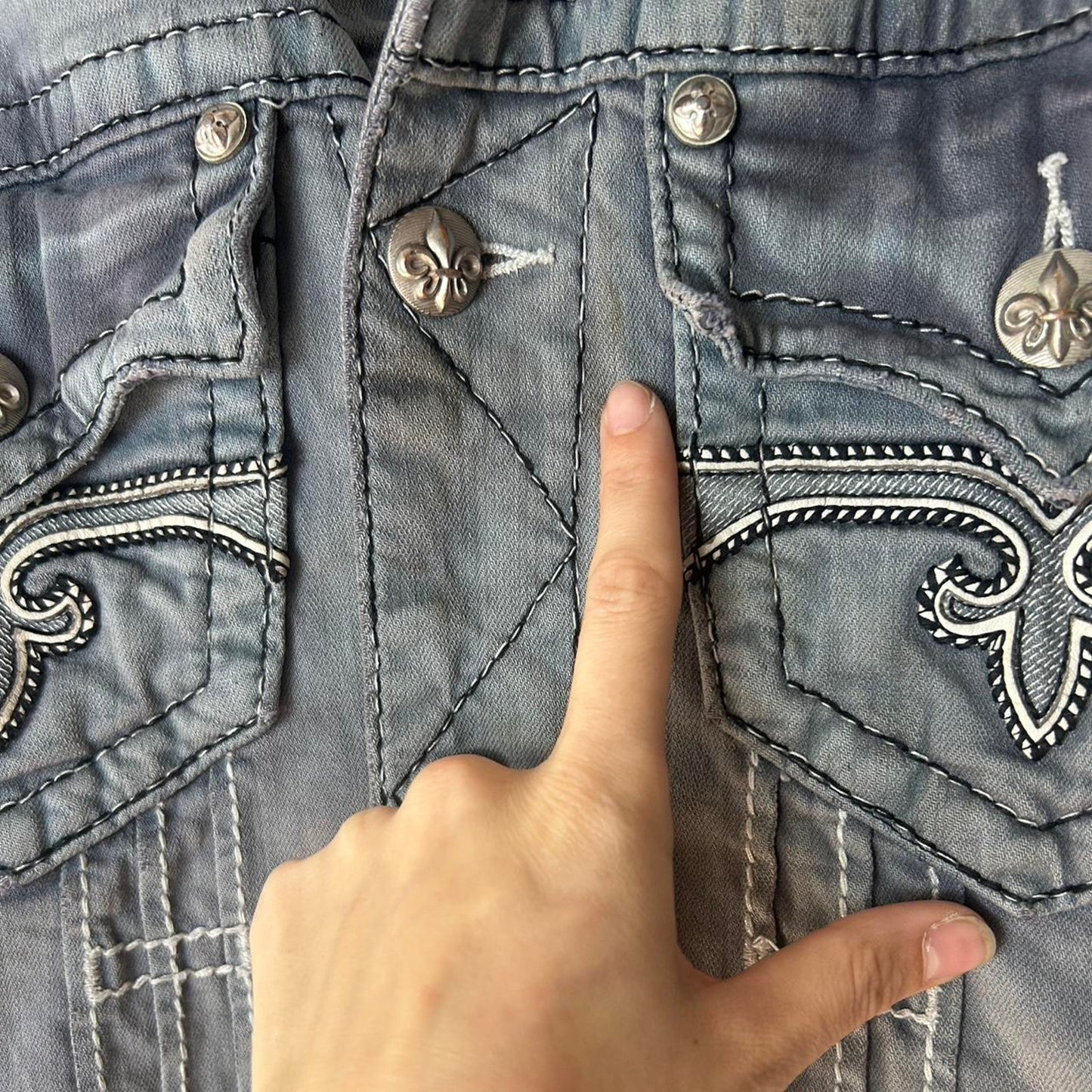 Rare Rock Revival Denim Jacket – Y2K Embroidered Thick Stitch Distressed Trucker Biker Jean Jacket