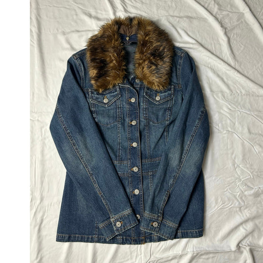Style and co long denim jacket with detachable fur trim size m