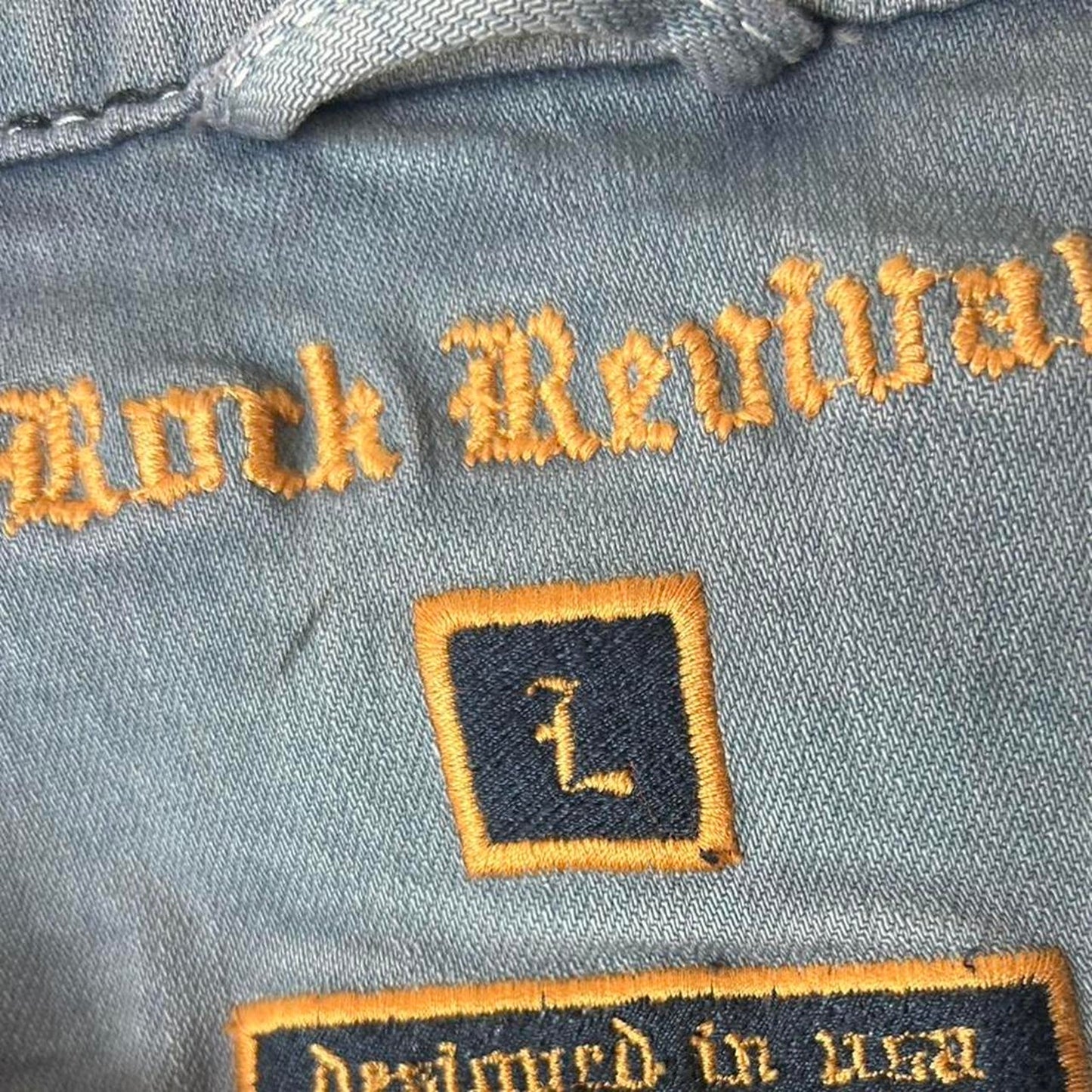 Rare Rock Revival Denim Jacket – Y2K Embroidered Thick Stitch Distressed Trucker Biker Jean Jacket