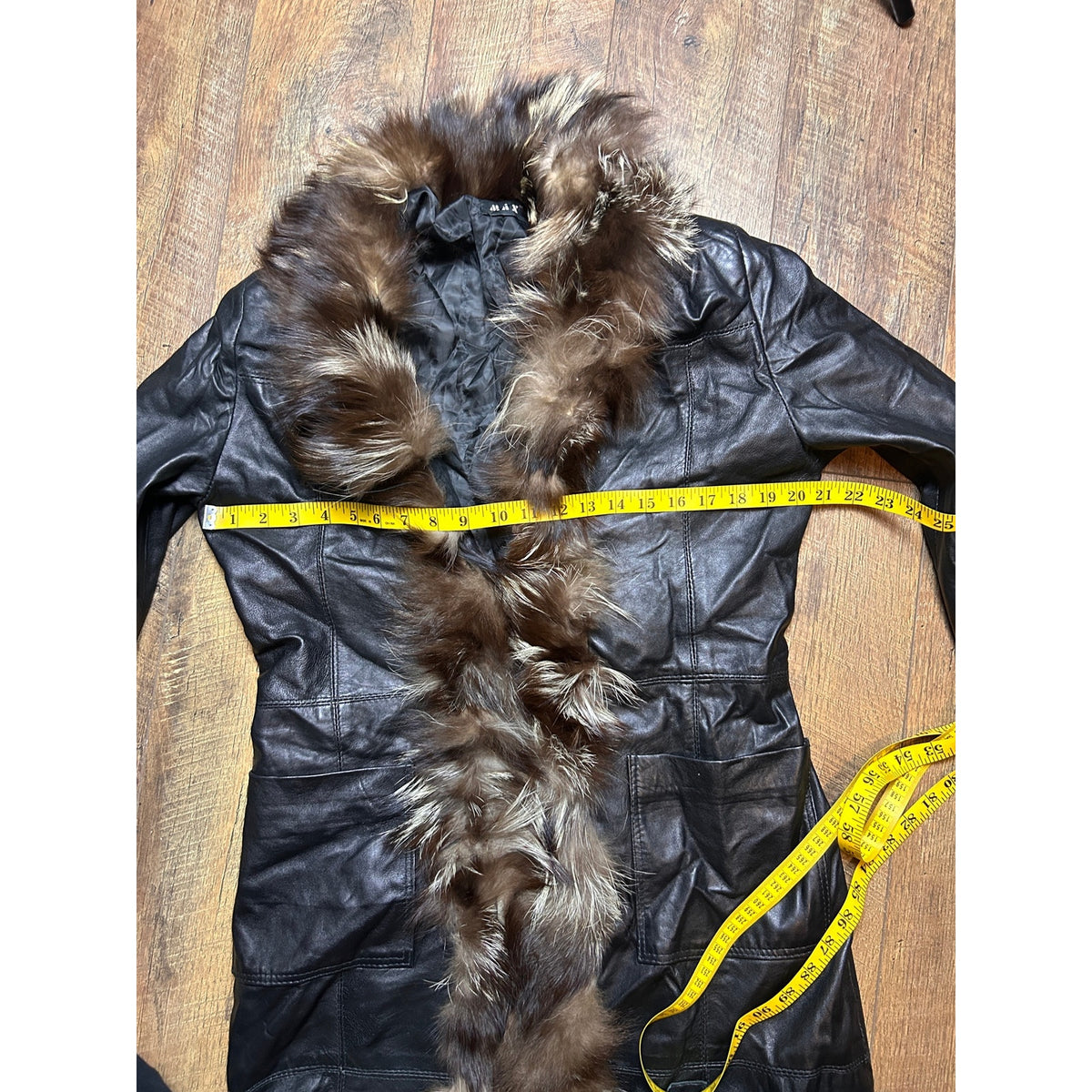 Vintage Italian Leather Penny Lane Coat Black Genuine Leather Fox Fur Trim Long Y2K