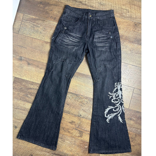 Y2K Embroidered Western Jeans Biker Babe Western Alt Mid Rise Size S 30 Inseam