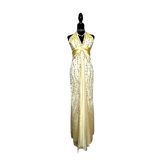 Y2K Gold Sequin Halter Dress Size 6 Formal Party Dress 2000s