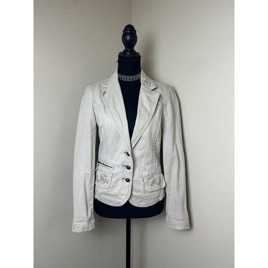Vintage Y2K Aeropostale Beige Blazer Brass Button Embroidered Snatched Waist Jacket Size S