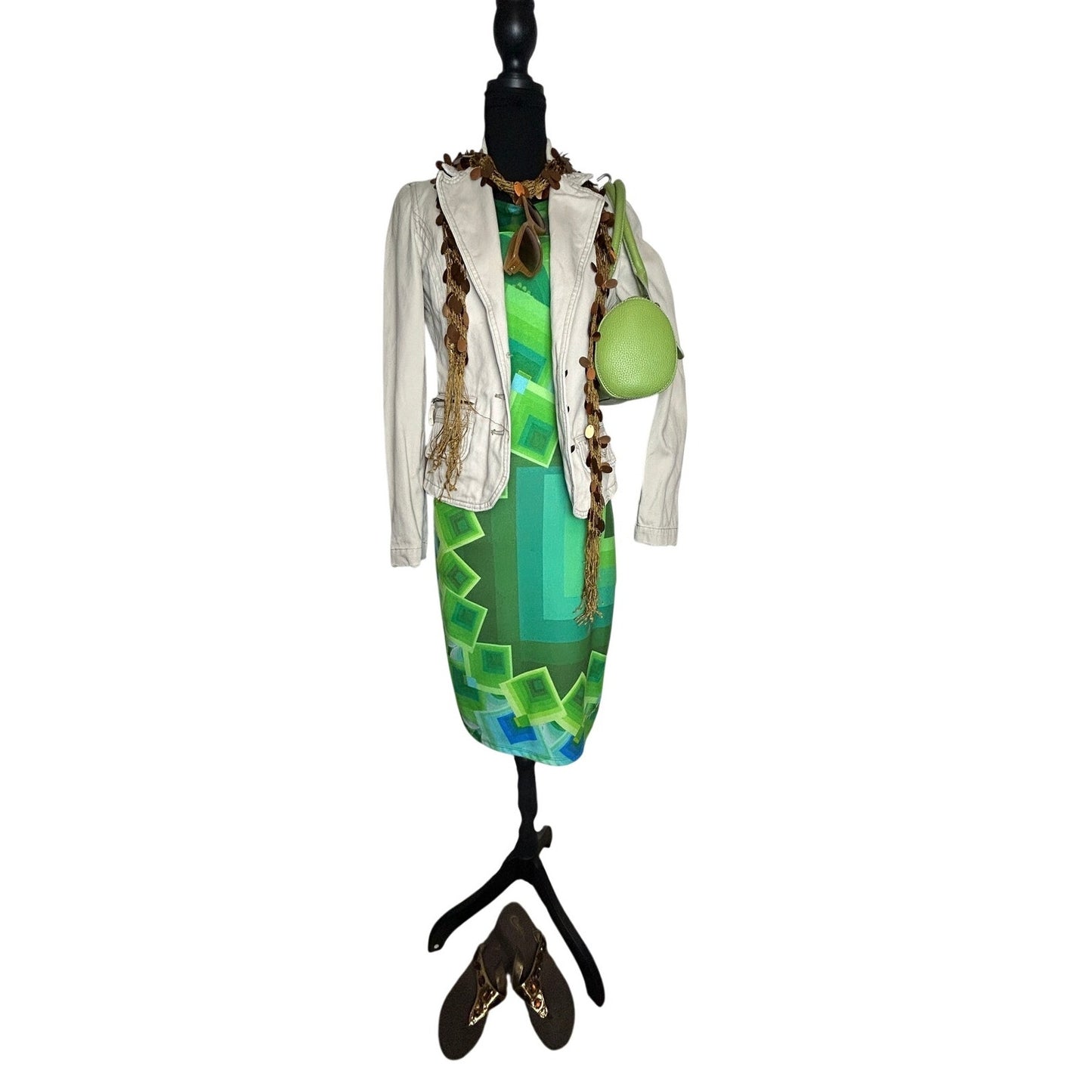 Desigual Green Patterned Knit Dress Size S Arty Euro Y2K Bodycon