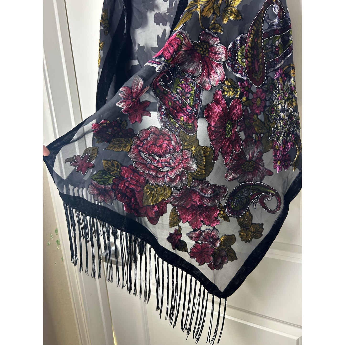 Velvet silk burnout scarf formal with fringe