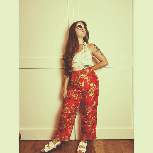 Silk Land Tropical Pinup Girl Pedal Pushers – 100% Silk Capri Pants Retro Pinup