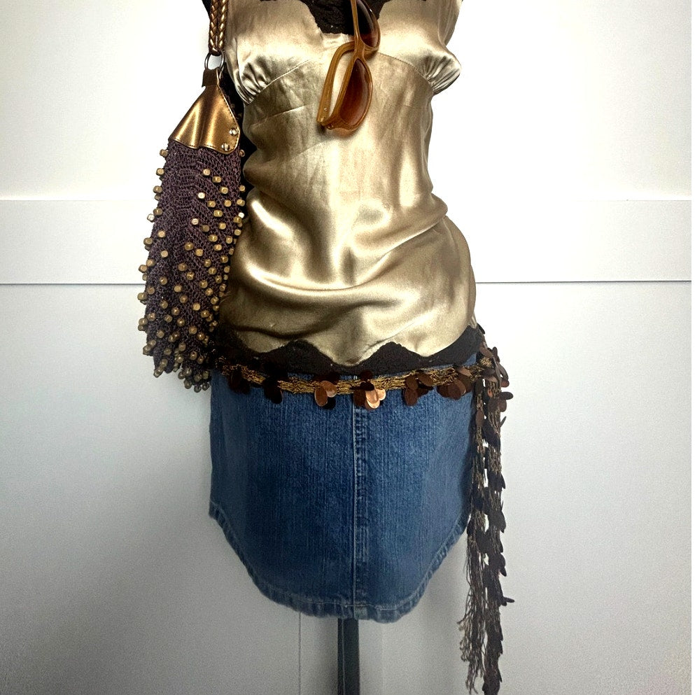 oho Mermaid Pailletten Häkeln Schal Karamell Viskose Fransen Festival Y2K Layering Wickeltuch