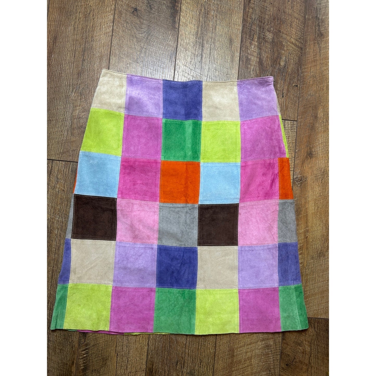 issac mizrahi rainbow patchwork suede knee length skirt size 12