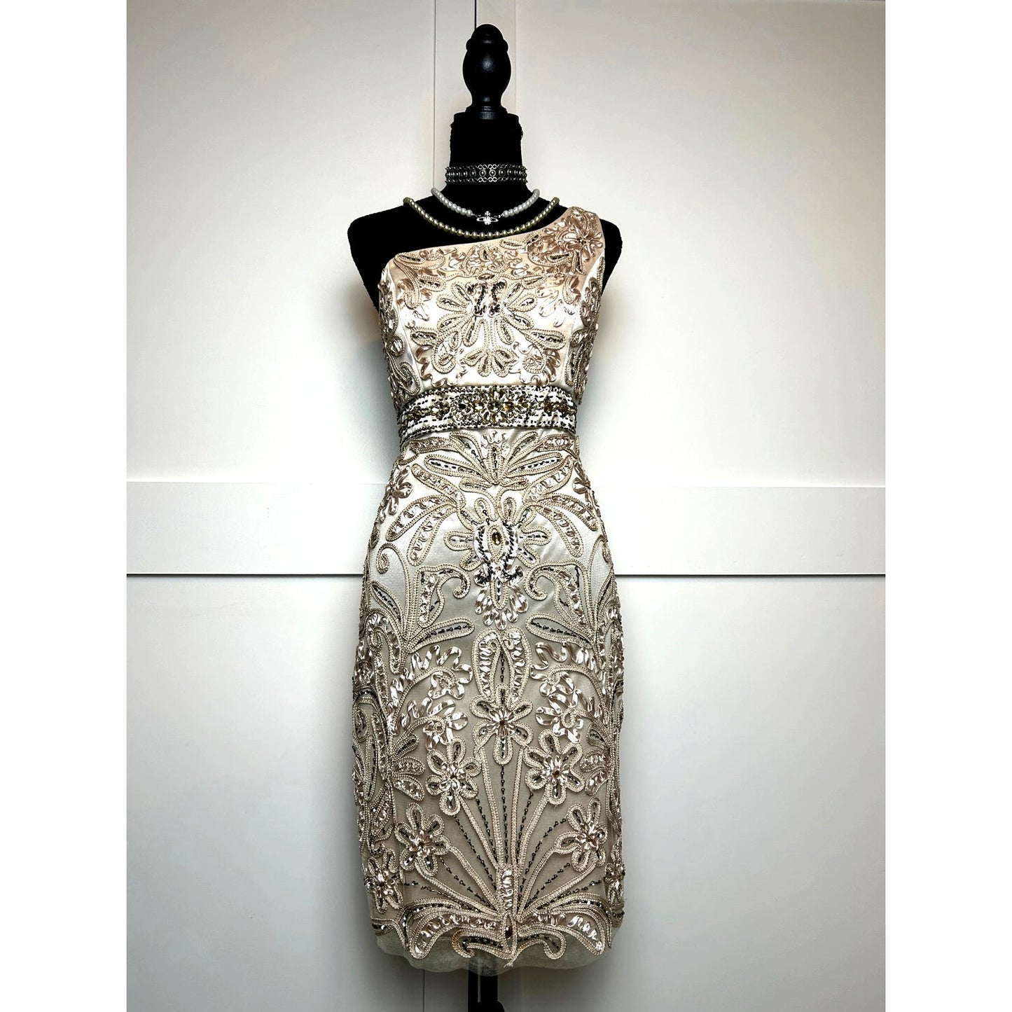 Sue Wong Nocturne Perlenbesetztes One-Shoulder-Kleid Größe 10 Y2K Glam Formal