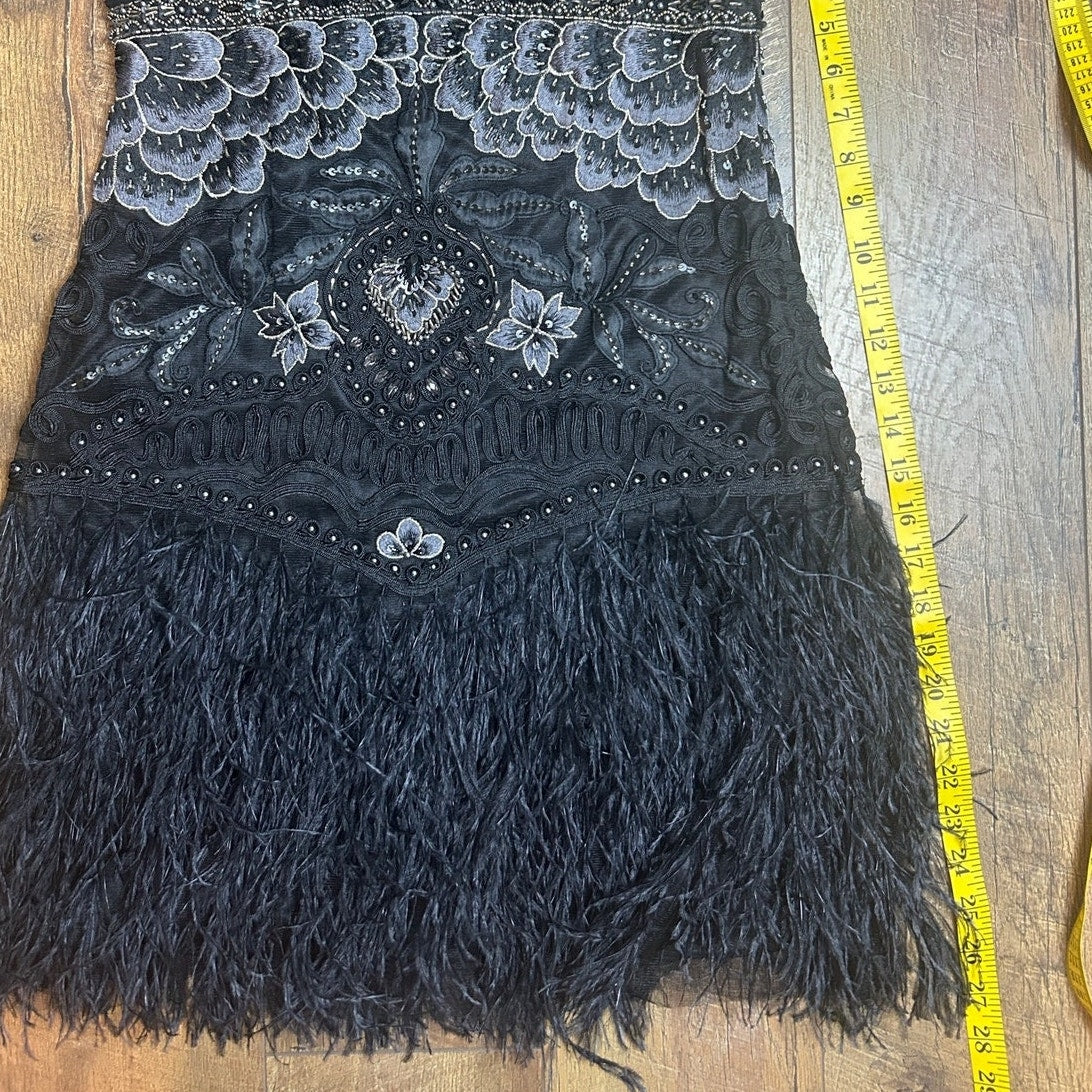 Sue Wong cocktail dress beaded silk ostrich, feather size medium