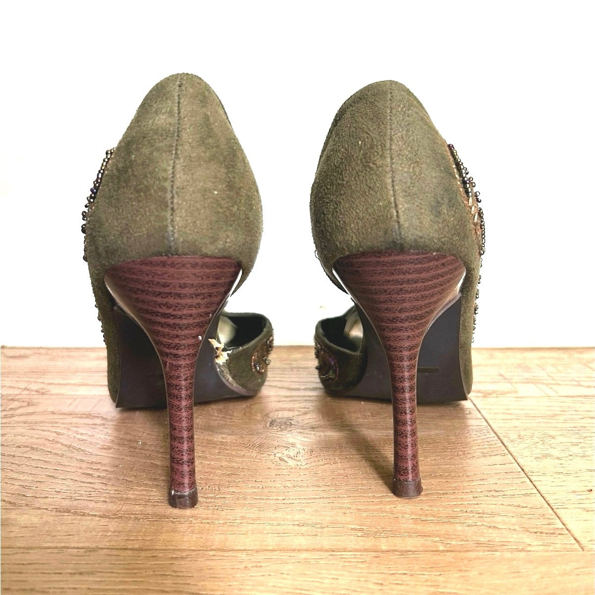 Anne Michelle Women's Green D'Orsay Stiletto Heels Pointed Toe Sequin Flower