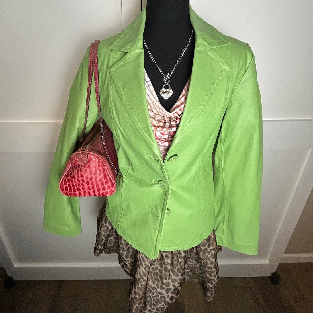 Y2K It Girl Lime Green Leather Blazer 💚 Indie Sleaze Statement Jacket Dialogue Size XS