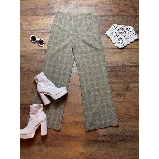 Talbots Brown Plaid Wide Leg Cuffed Trousers Size 4 70s Vintage Style