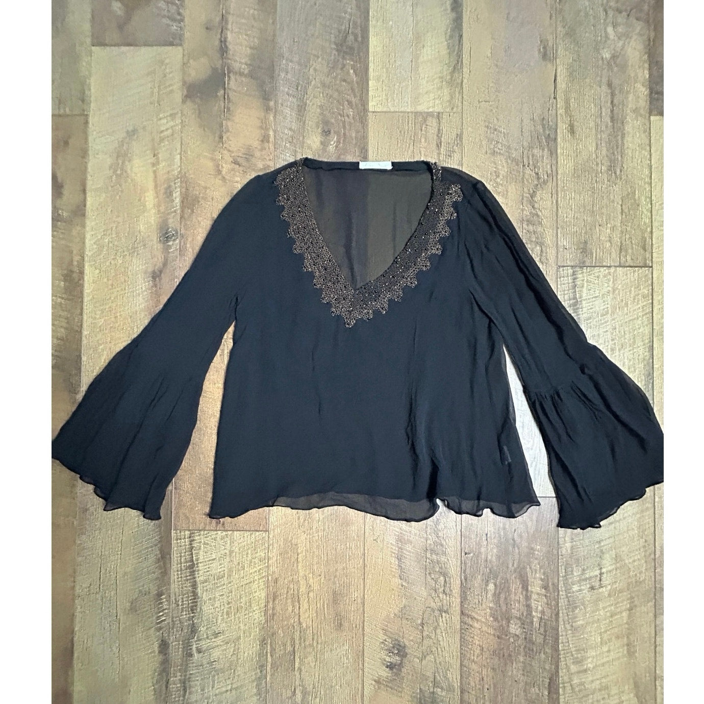 y2k love sam beaded silk fairy shirt with flared sleeves black size xs