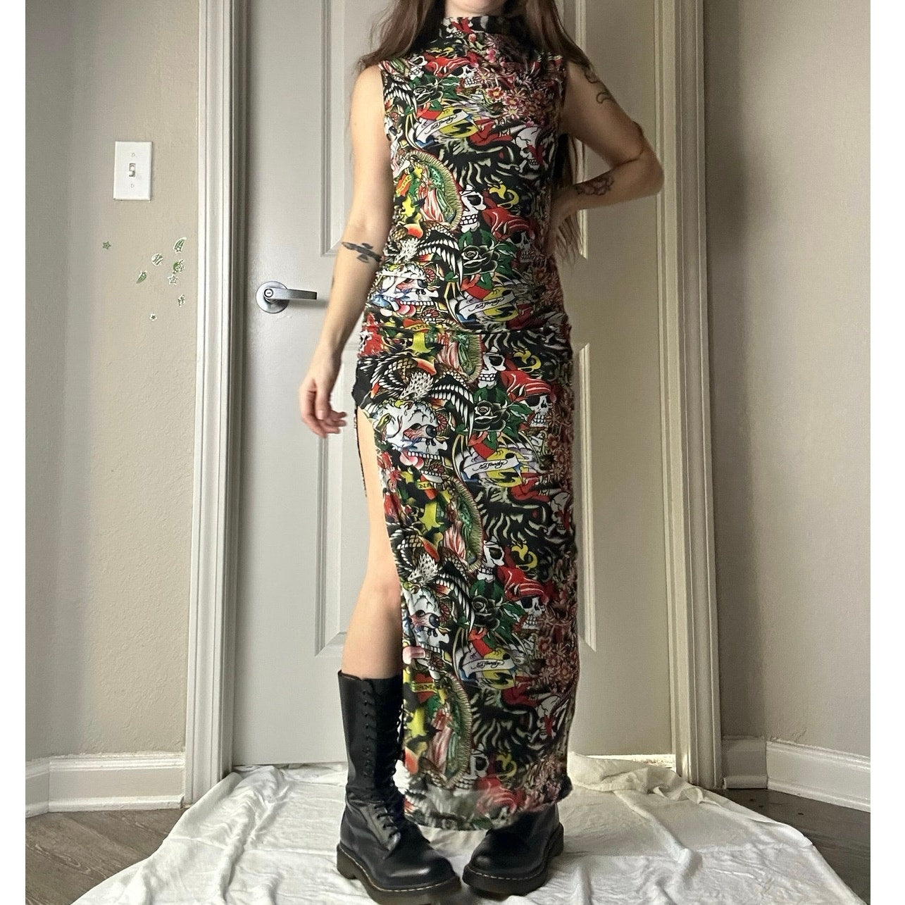 Ed hardy maxi dress side slit micro mesh mock neck size s