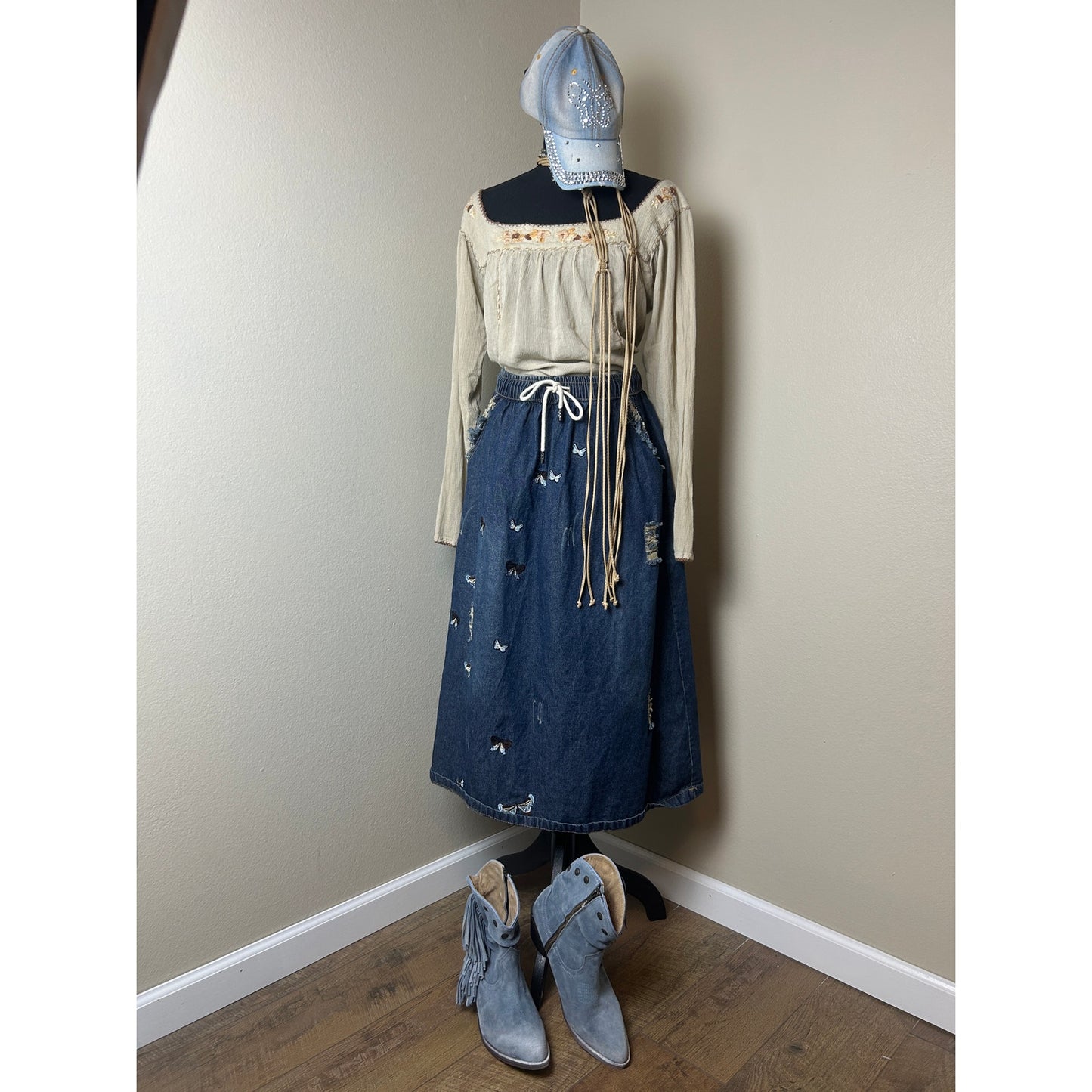 Schmetterlings-Patch Chambray Maxirock verstellbare Taille Fanas Venus Größe S/M