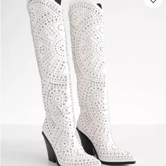White studded knee high cowgirl boots