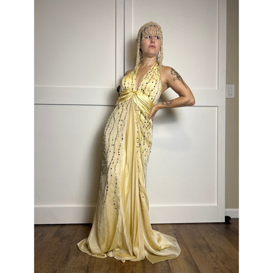 Y2K Gold Sequin Halter Dress Size 6 Formal Party Dress 2000s