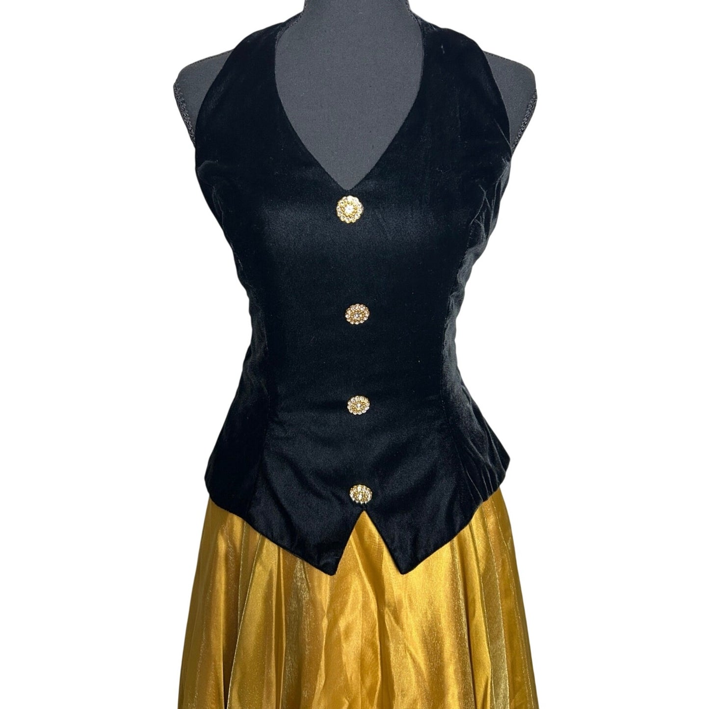 ✨ Michaelangelo Velvet & Gold Taffeta Gown – Crystal Button Waistcoat Detail