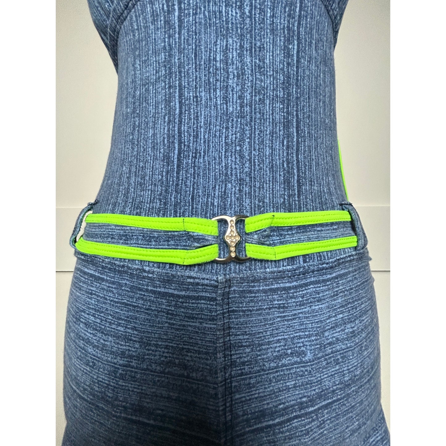 Y2K Saca Diamente Unitalla blue + green belted swimsuit