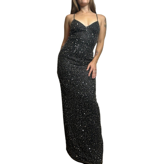 silk beaded low back evening gown