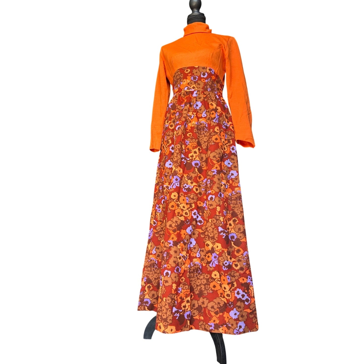 🌼 70s Orange & Purple Floral Mock Neck Maxi Dress
