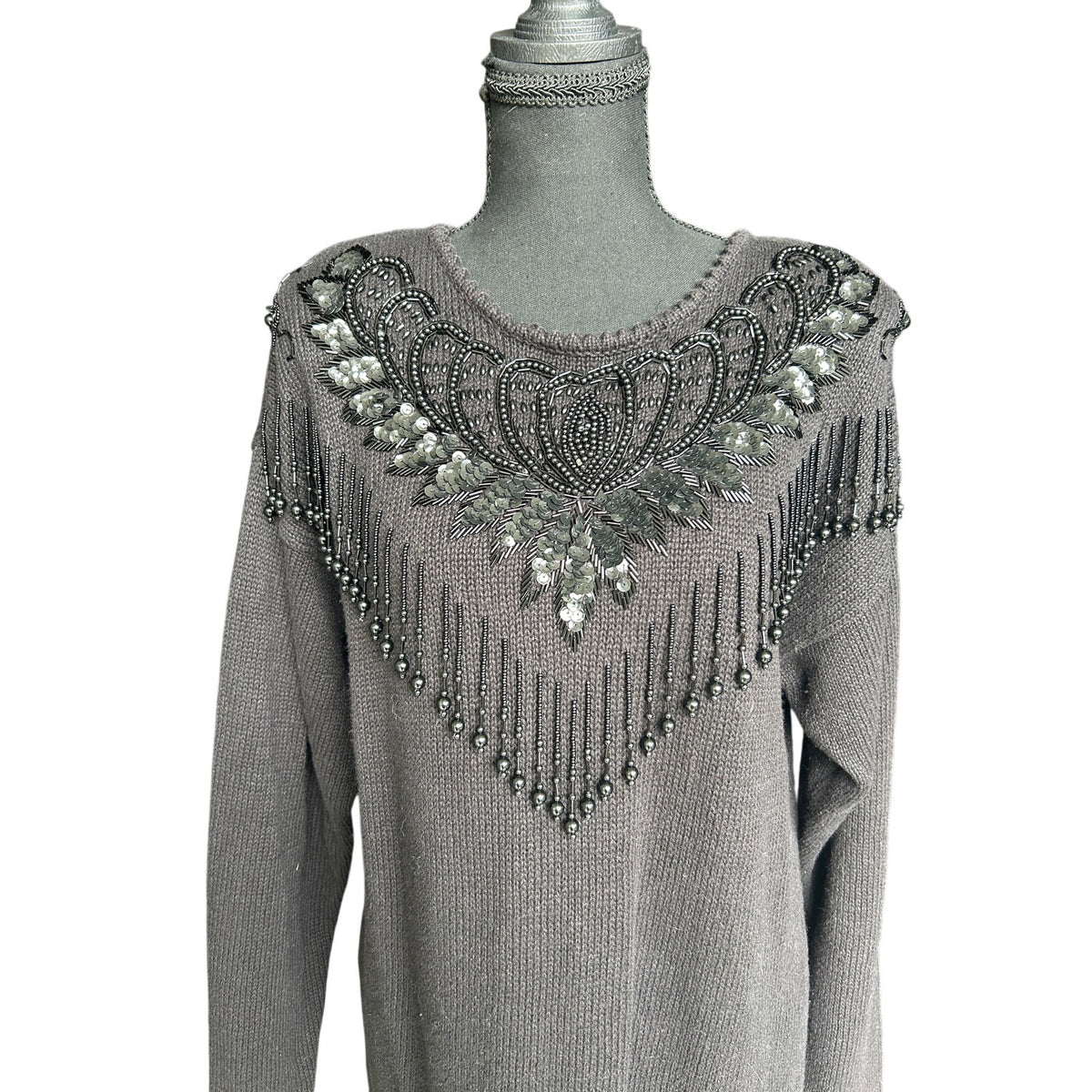 Vintage Kathie Lee Beaded Fringe Sweater — L