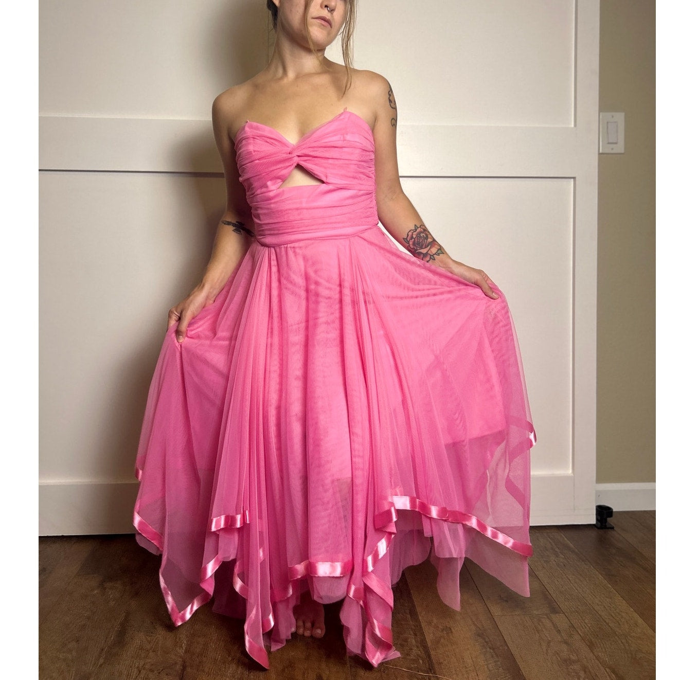 y2k cache hot pink fairy hem strapless dress size 8 coquette harajuku