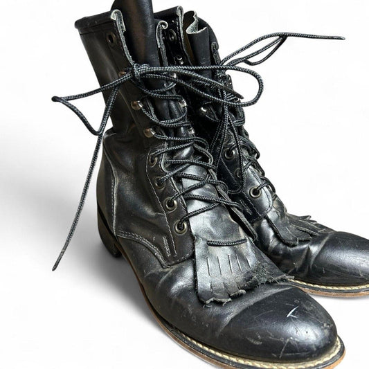 Bottes de combat en cuir noir taille 39,5 - Bottes de bûcheron vintage à lacets