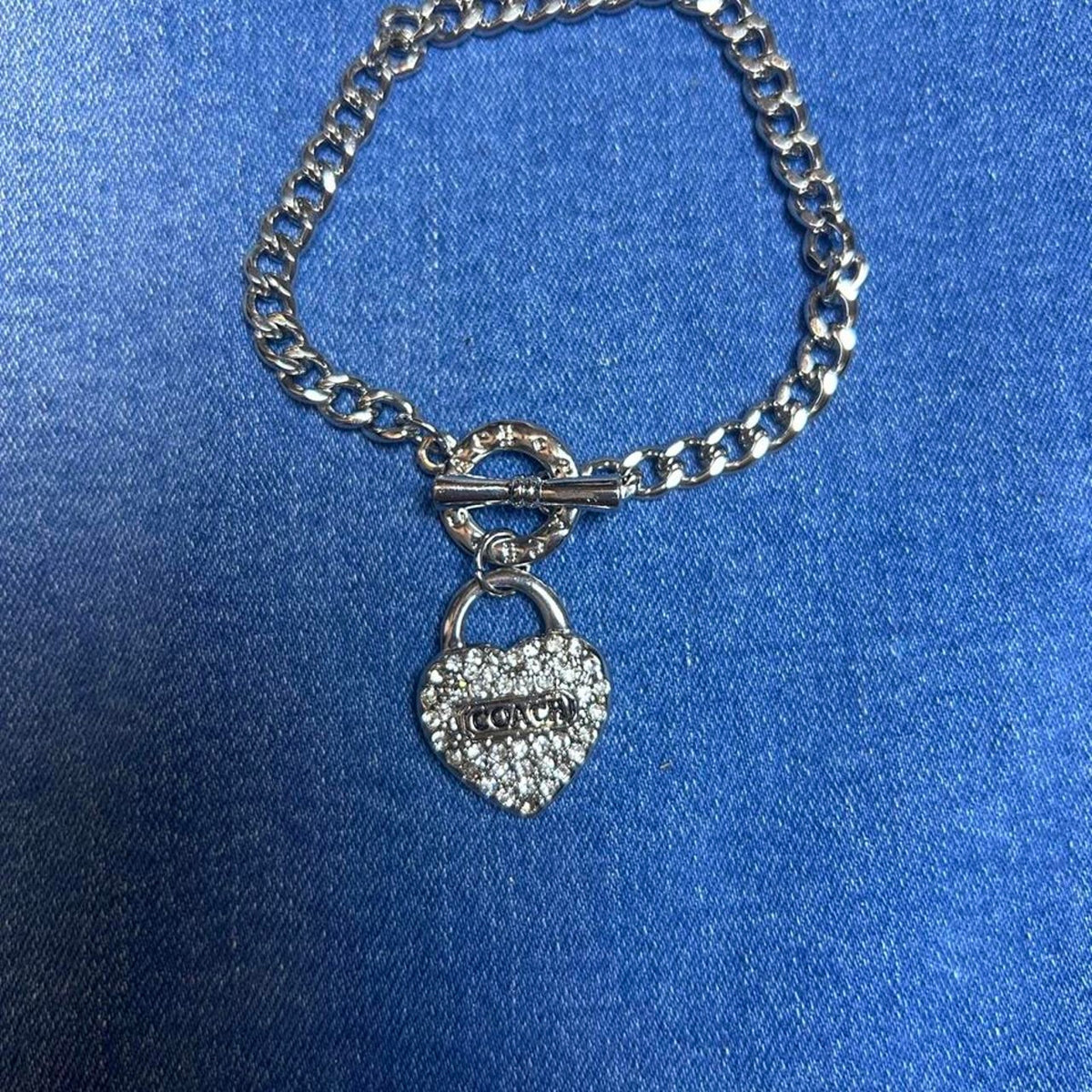 Vintage Coach Silver Heart Necklace & Bracelet Set Y2K Designer Jewelry