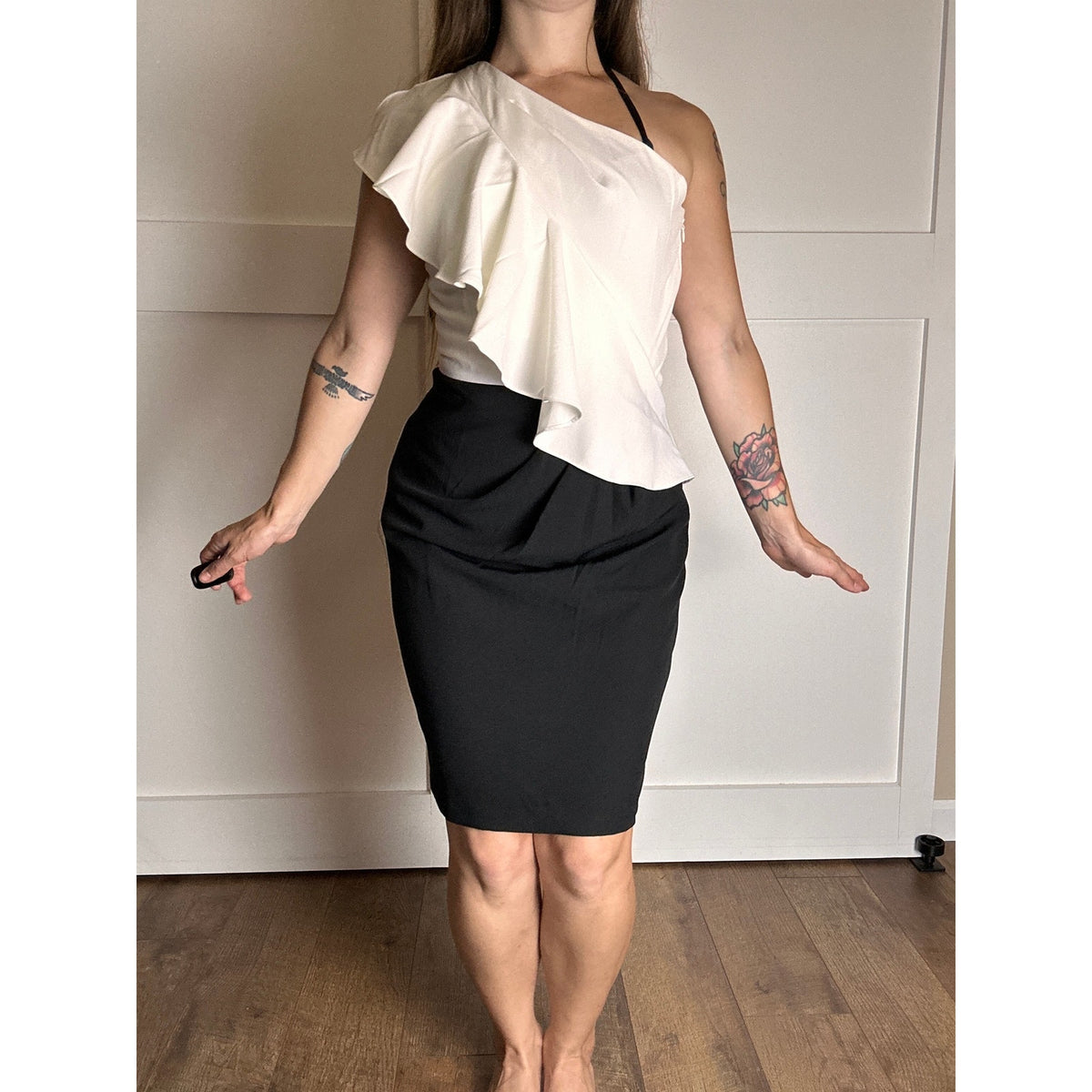 Belle Badgley Mischka Black & White Asymmetrical Ruffle Dress — Size 2