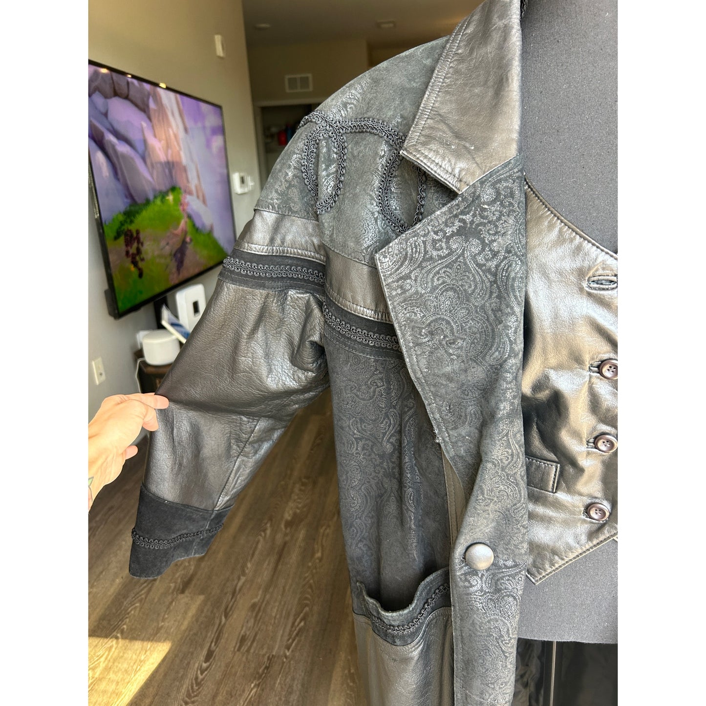 80er Western Ledertrench Paisleymuster Patchwork exotische Mode Größe XXL