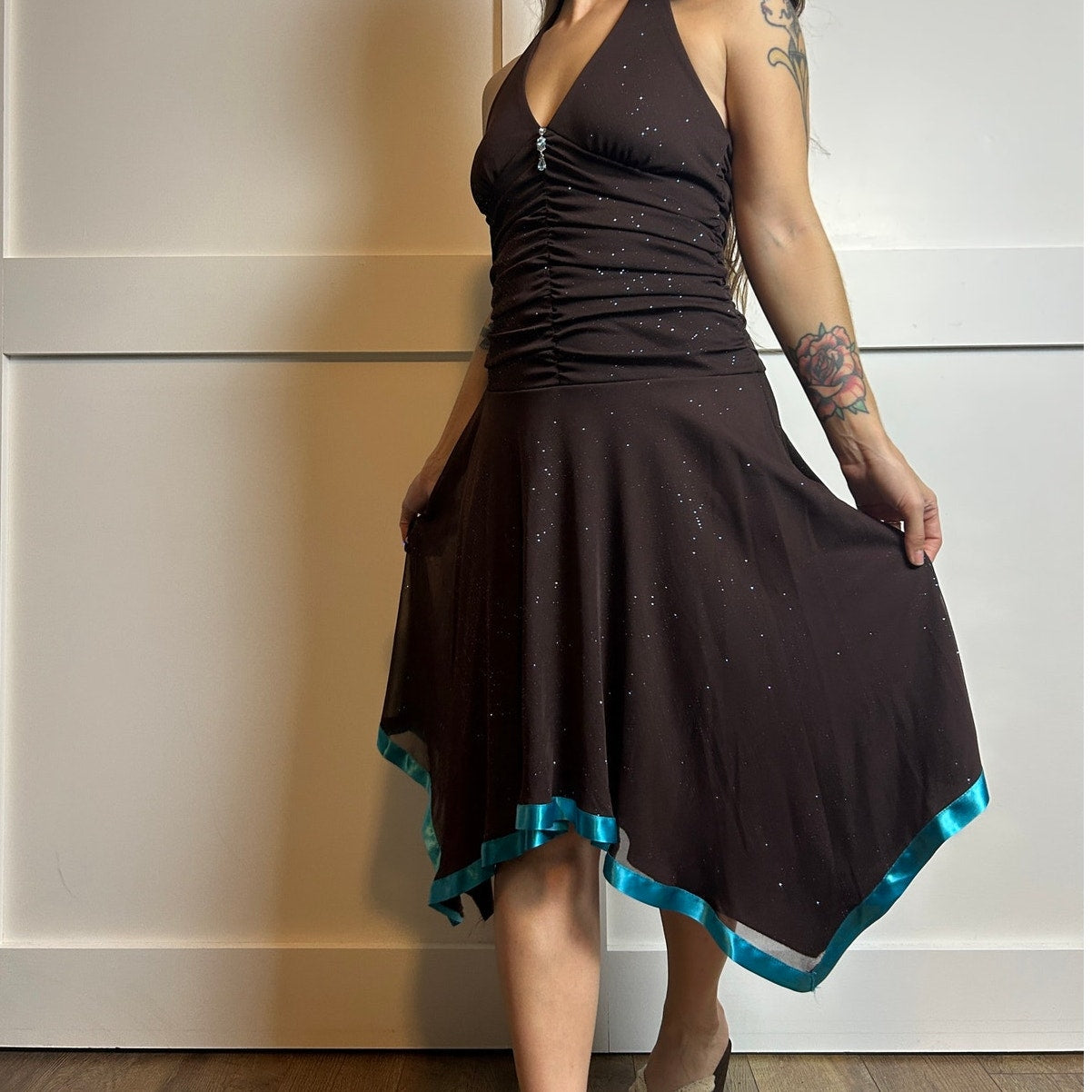 y2k fairy hem halter neck sparkly brown and blue dress