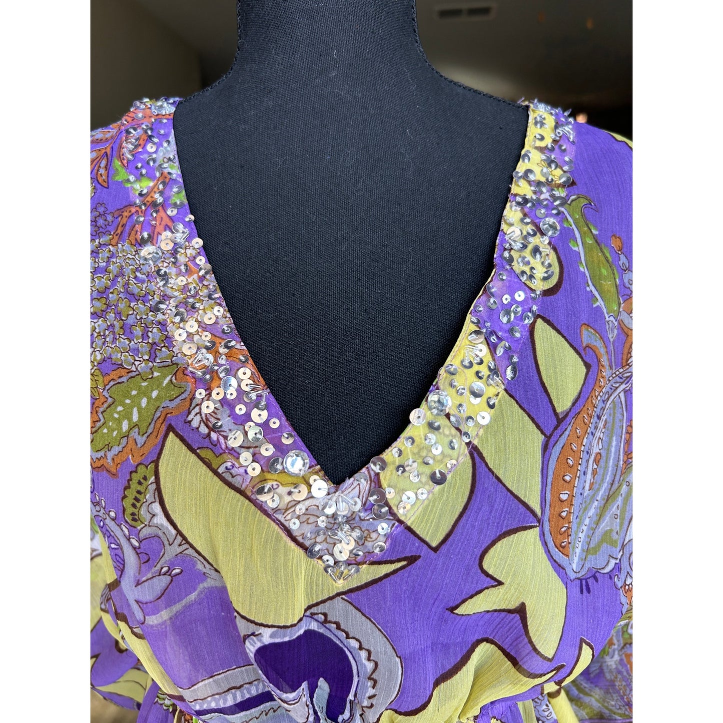 Folia Swim Beaded Chiffon Tunic Cover-Up Sheer Boho Beach Caftan