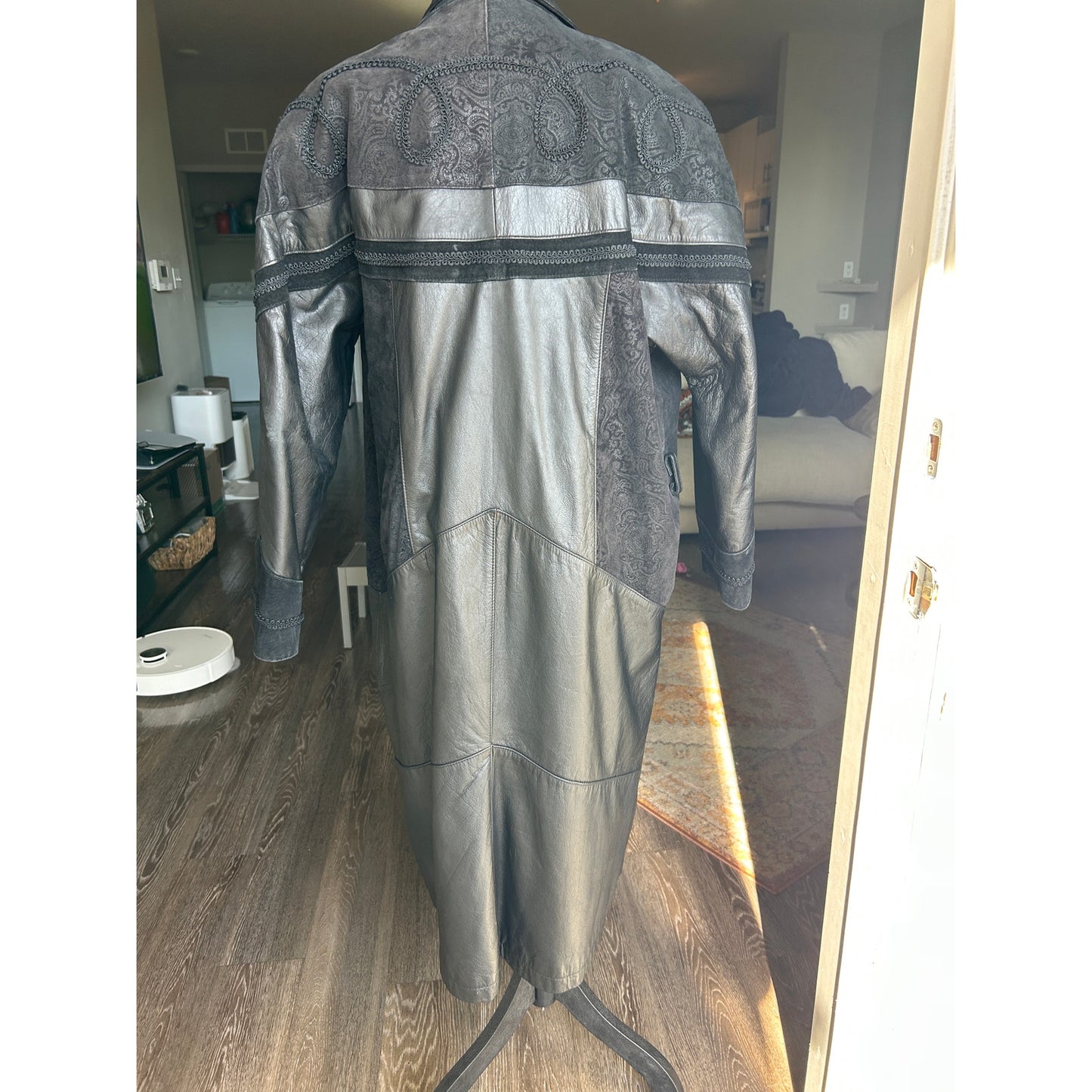 80er Western Ledertrench Paisleymuster Patchwork exotische Mode Größe XXL