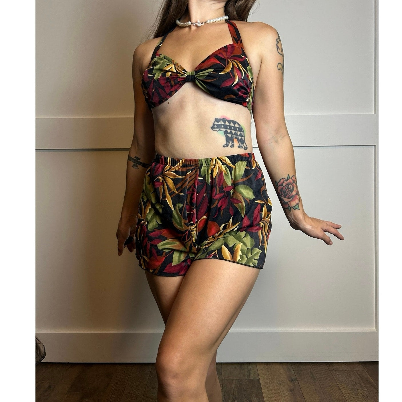50er Jahre Tropical Pin-up Girl Neckholder Badeanzug Retro Bikini High Waist S/M