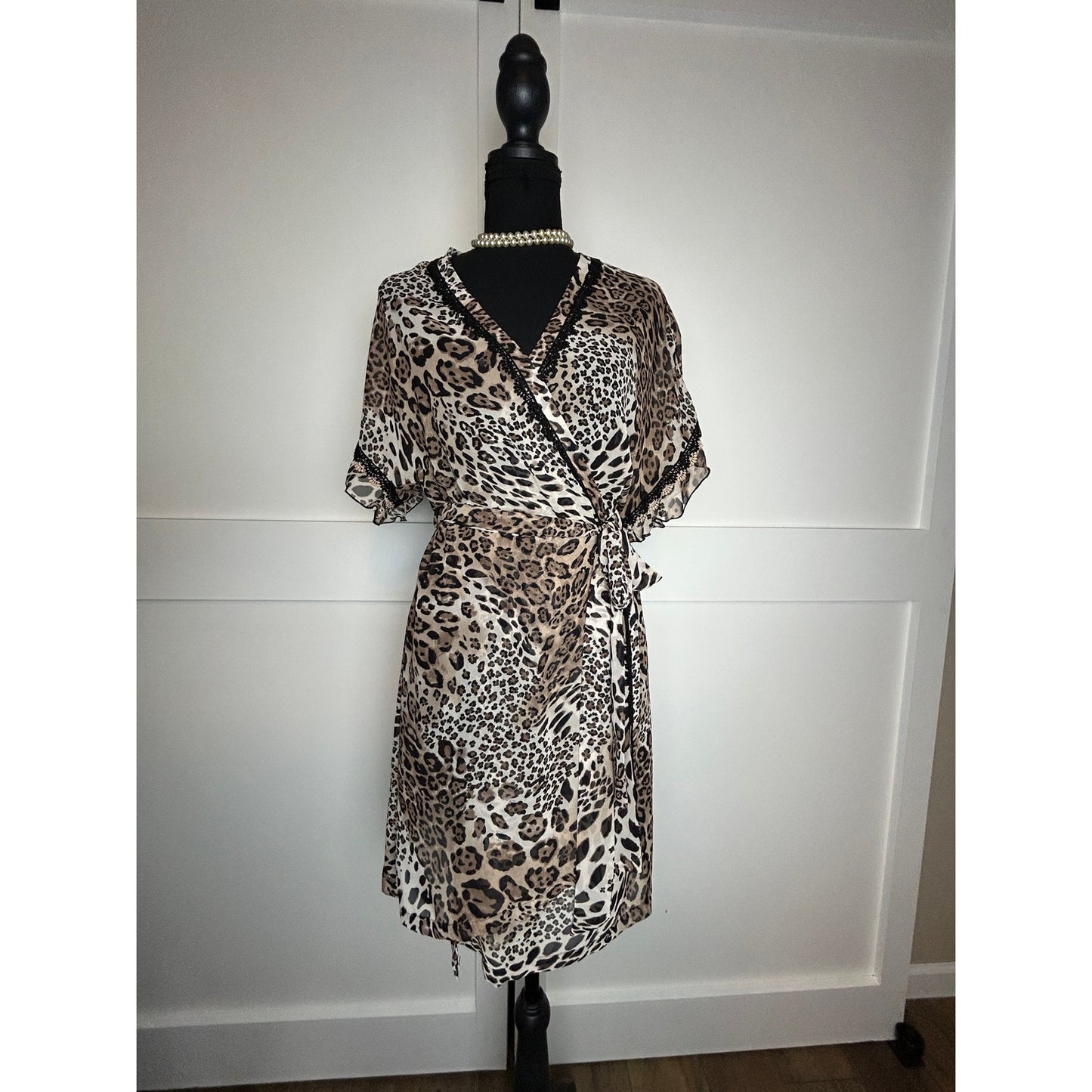 Y2K Indie Sleaze Linea Donatella Cheetah Print Chiffon Lace Ruffle Robe S/M