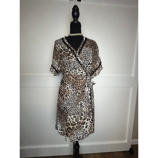Y2K Indie Sleaze Linea Donatella Cheetah Print Chiffon Lace Ruffle Robe S/M